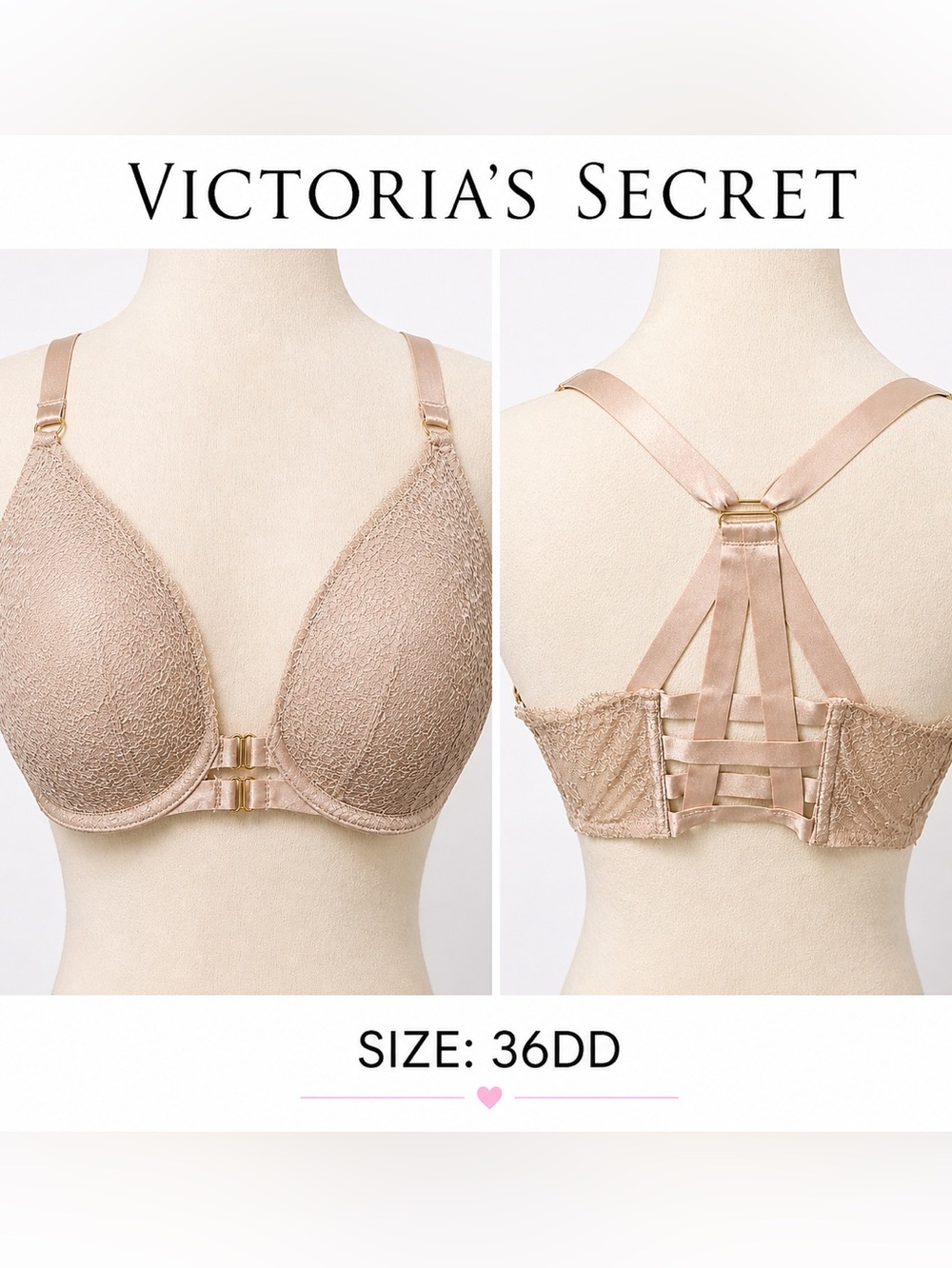 Victoria’s Secret Very Sexy Plunge Bra 36DD Nude Lace Strappy Back